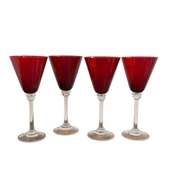 Elegant Fluted and Ribbed Ruby Red Wine Glasses with Clear Stems, Set of 4 - Picture 7 of 7